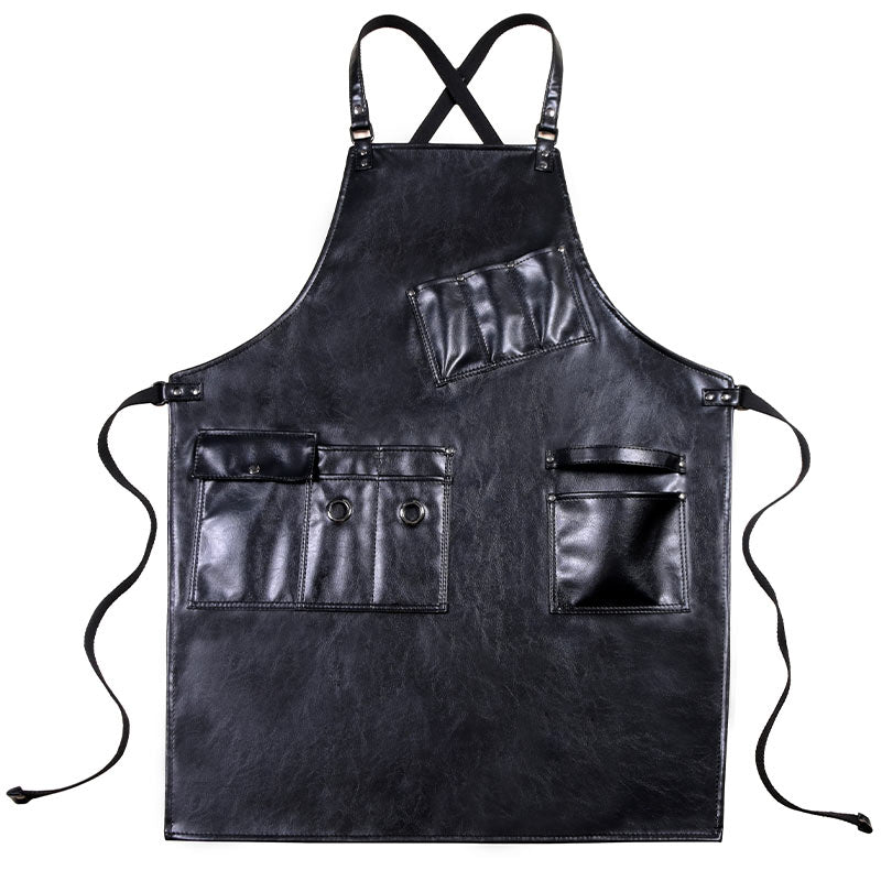 Cross-back Black PU Apron Florist Barber Hairdresser Carpenter Workwear Cafe Barista Bartender Pastry Chef BBQ Grill Uniform