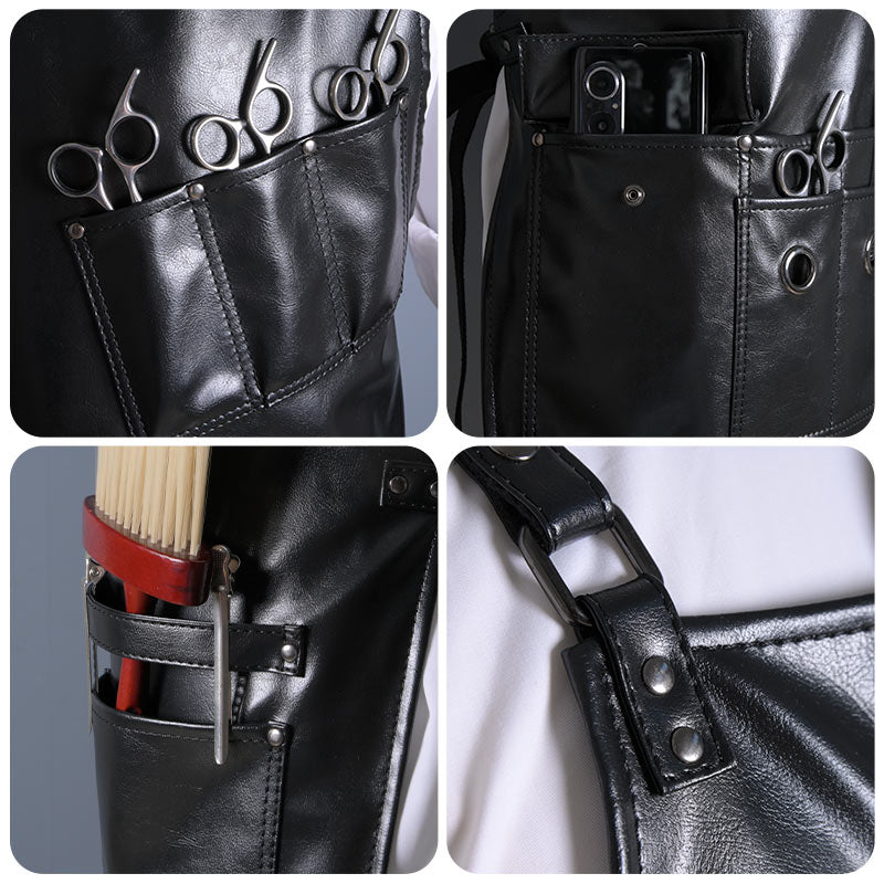 Cross-back Black PU Apron Florist Barber Hairdresser Carpenter Workwear Cafe Barista Bartender Pastry Chef BBQ Grill Uniform