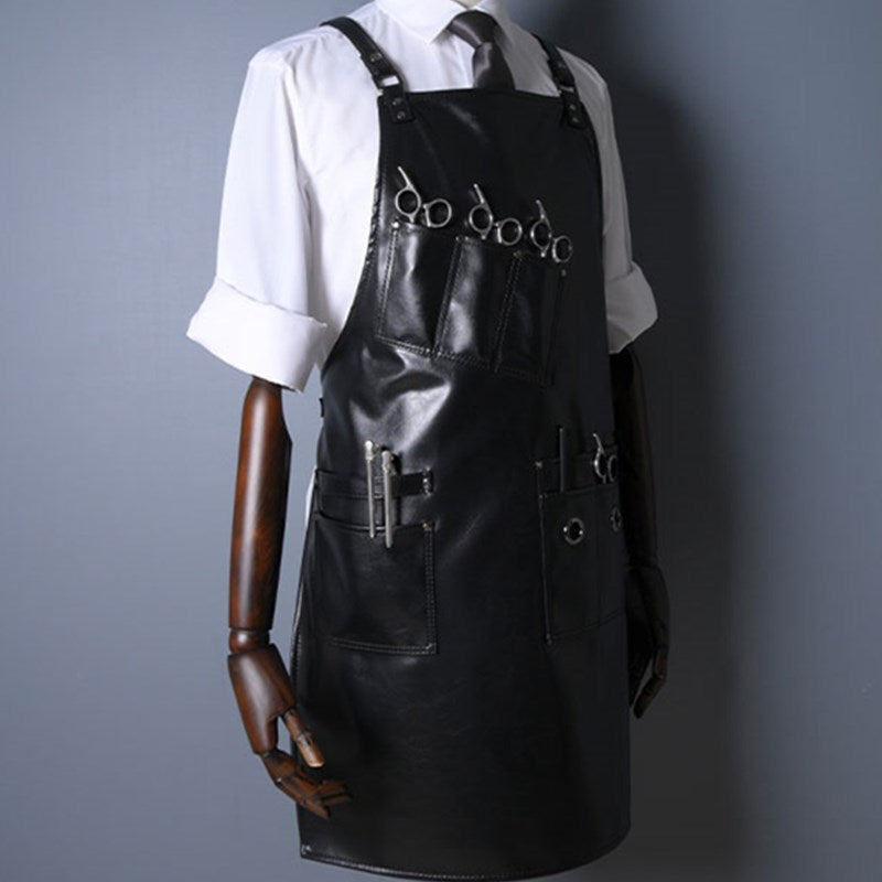Cross-back Black PU Apron Florist Barber Hairdresser Carpenter Workwear Cafe Barista Bartender Pastry Chef BBQ Grill Uniform