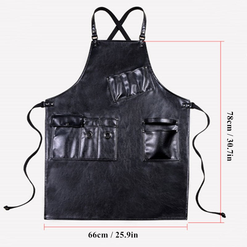 Cross-back Black PU Apron Florist Barber Hairdresser Carpenter Workwear Cafe Barista Bartender Pastry Chef BBQ Grill Uniform