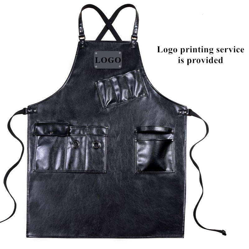 Cross-back Black PU Apron Florist Barber Hairdresser Carpenter Workwear Cafe Barista Bartender Pastry Chef BBQ Grill Uniform