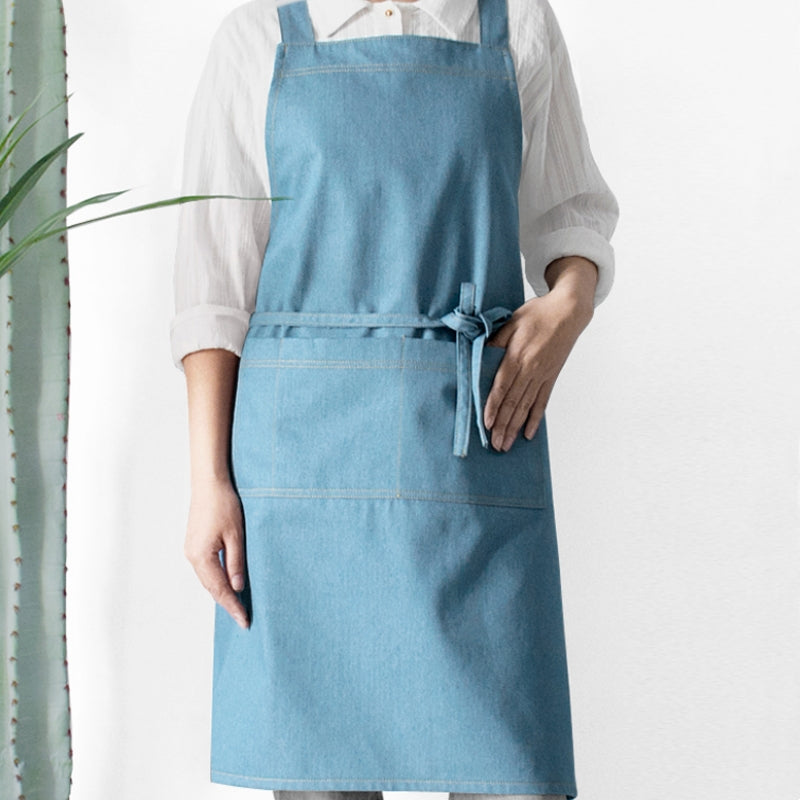 Cross-back Blue Denim Apron Barista Cafe Bartender Pastry Chef Uniform Restaurant Bistro Florist Painter Artist Workwear
