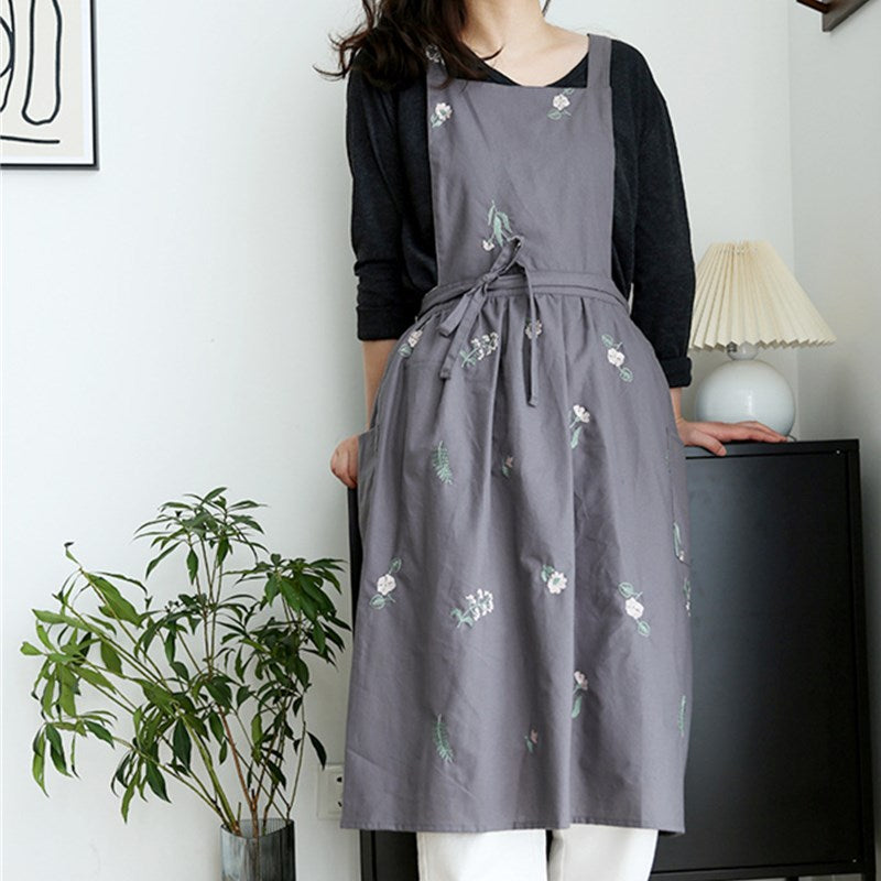 Embroidered Floral Cotton Apron Florist Artist Flower Shop Manicure Workwear Waitress Cafe Barista Bakery Pastry Chef Uniform