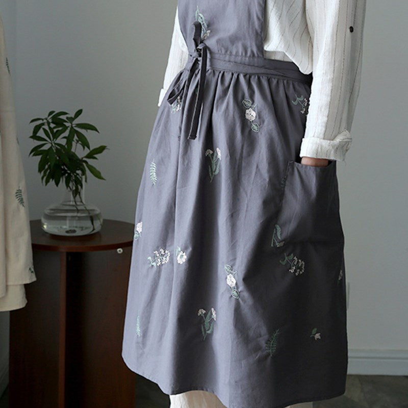Embroidered Floral Cotton Apron Florist Artist Flower Shop Manicure Workwear Waitress Cafe Barista Bakery Pastry Chef Uniform