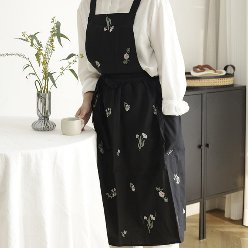 Embroidered Floral Cotton Apron Florist Artist Flower Shop Manicure Workwear Waitress Cafe Barista Bakery Pastry Chef Uniform