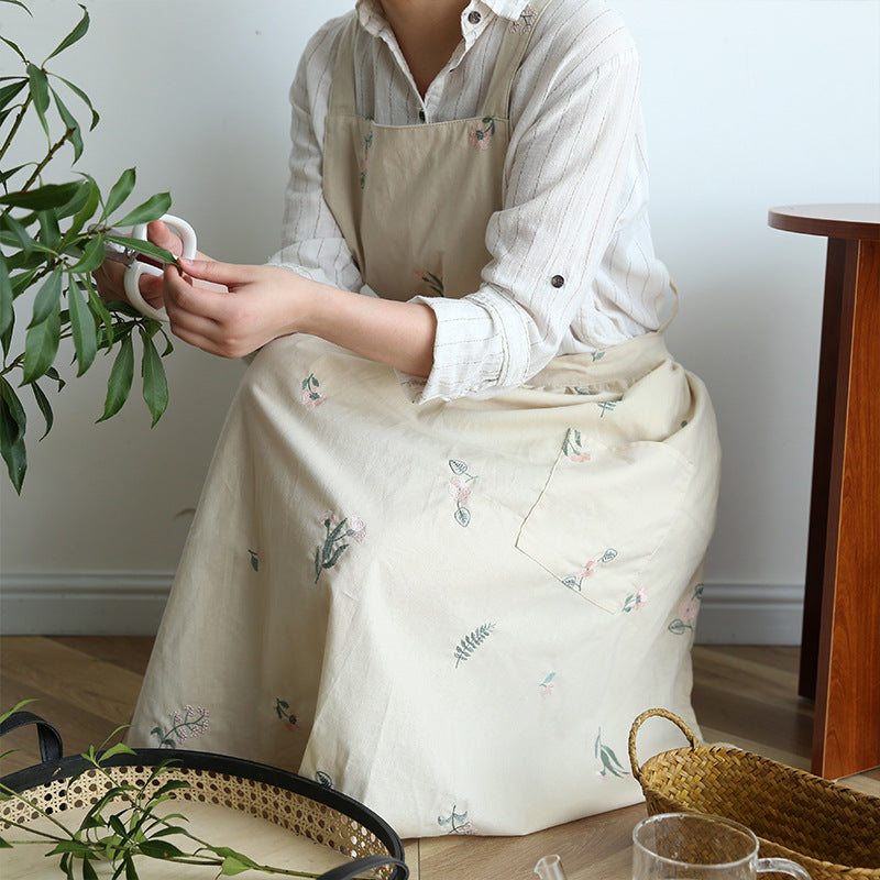 Embroidered Floral Cotton Apron Florist Artist Flower Shop Manicure Workwear Waitress Cafe Barista Bakery Pastry Chef Uniform