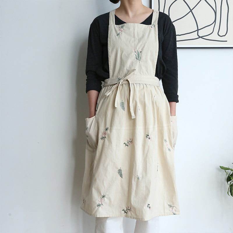 Embroidered Floral Cotton Apron Florist Artist Flower Shop Manicure Workwear Waitress Cafe Barista Bakery Pastry Chef Uniform