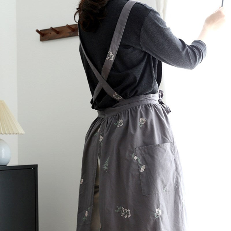 Embroidered Floral Cotton Apron Florist Artist Flower Shop Manicure Workwear Waitress Cafe Barista Bakery Pastry Chef Uniform
