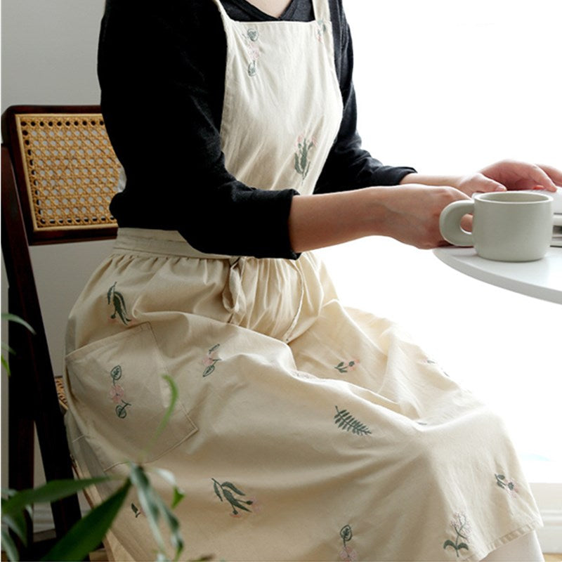 Embroidered Floral Cotton Apron Florist Artist Flower Shop Manicure Workwear Waitress Cafe Barista Bakery Pastry Chef Uniform