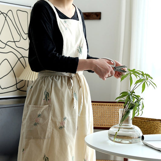 Embroidered Floral Cotton Apron Florist Artist Flower Shop Manicure Workwear Waitress Cafe Barista Bakery Pastry Chef Uniform