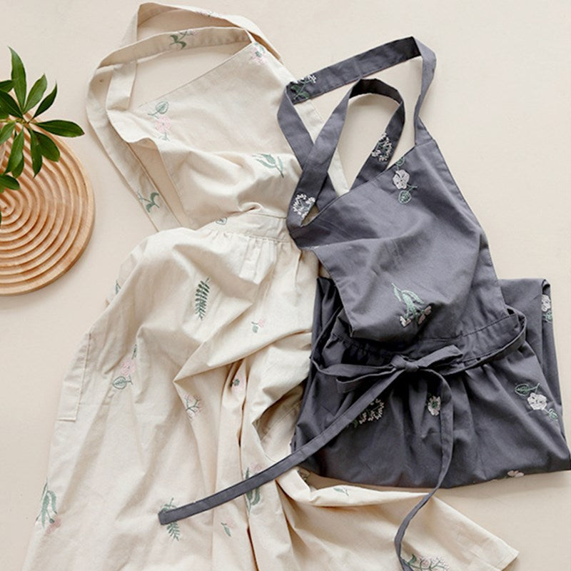 Embroidered Floral Cotton Apron Florist Artist Flower Shop Manicure Workwear Waitress Cafe Barista Bakery Pastry Chef Uniform