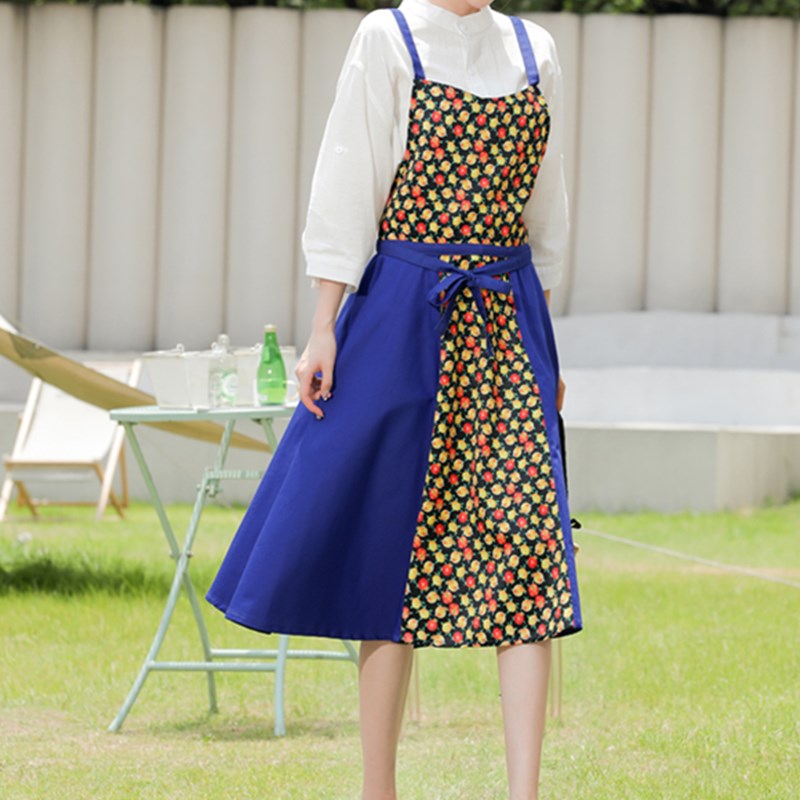 Polyester Cotton Blue Floral Apron Florist Waitress Pastry Chef Workwear Cafe Bakery Flower Shop Tea House Uniform