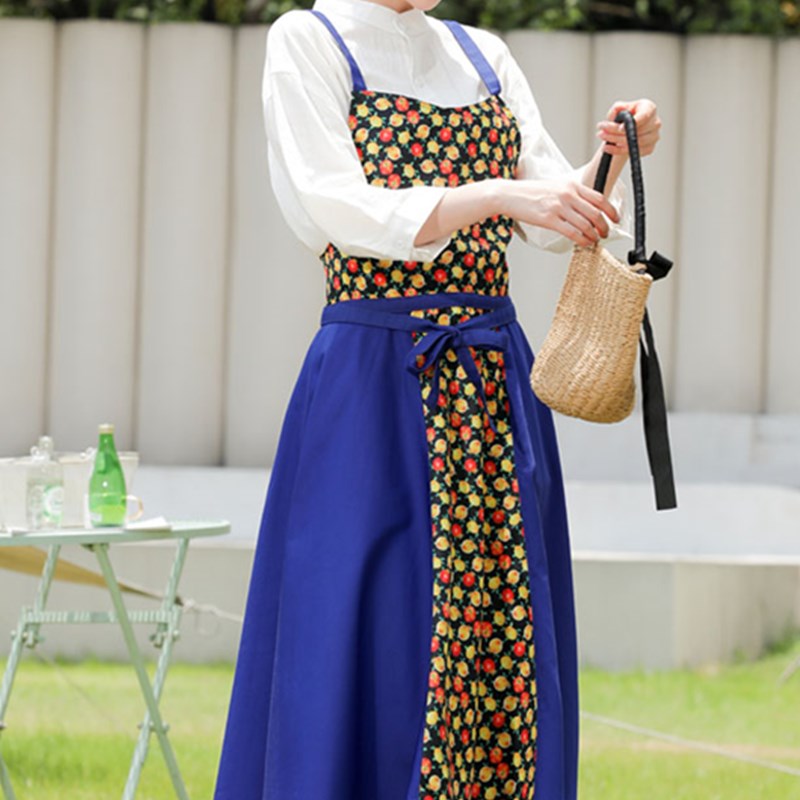 Polyester Cotton Blue Floral Apron Florist Waitress Pastry Chef Workwear Cafe Bakery Flower Shop Tea House Uniform