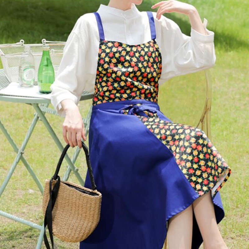 Polyester Cotton Blue Floral Apron Florist Waitress Pastry Chef Workwear Cafe Bakery Flower Shop Tea House Uniform