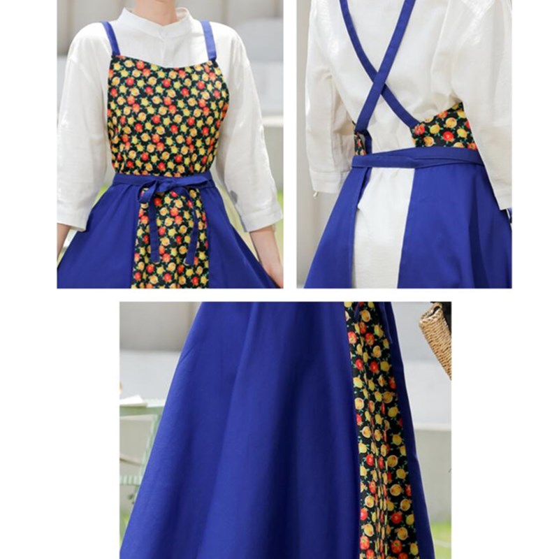 Polyester Cotton Blue Floral Apron Florist Waitress Pastry Chef Workwear Cafe Bakery Flower Shop Tea House Uniform