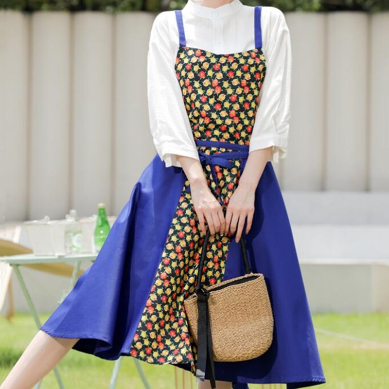 Polyester Cotton Blue Floral Apron Florist Waitress Pastry Chef Workwear Cafe Bakery Flower Shop Tea House Uniform