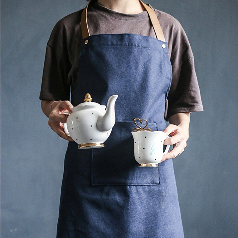 Gray Canvas Apron Leather Cotton Strap Blue Barista Baker Bartender Chef Culinary Uniform Cafe Pastry Restaurant Work wear