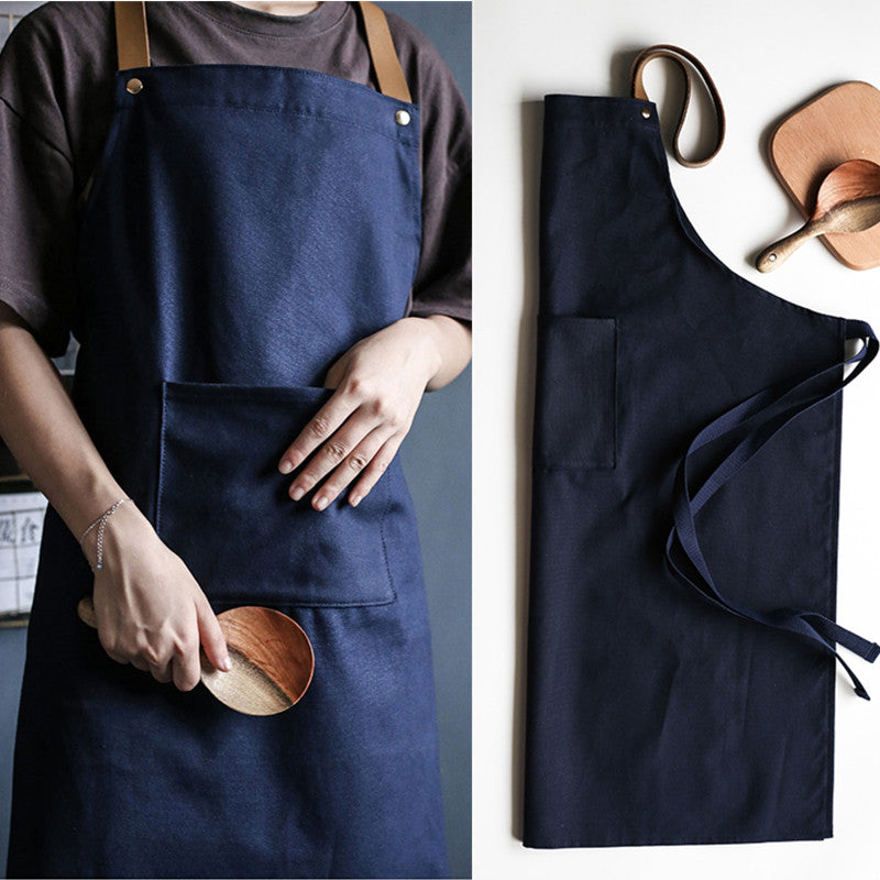 Gray Canvas Apron Leather Cotton Strap Blue Barista Baker Bartender Chef Culinary Uniform Cafe Pastry Restaurant Work wear