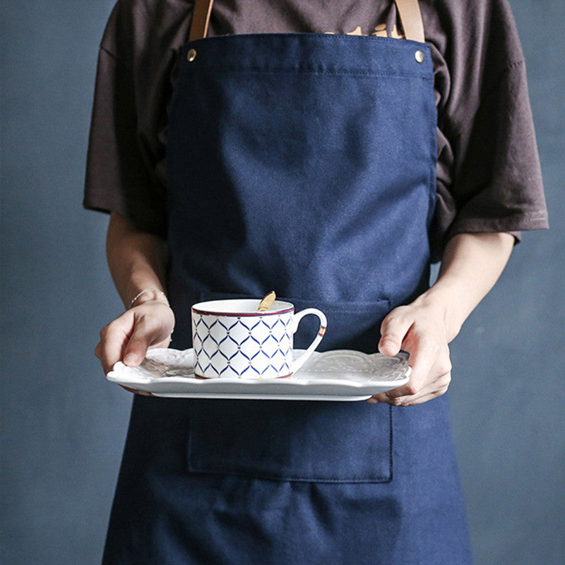 Gray Canvas Apron Leather Cotton Strap Blue Barista Baker Bartender Chef Culinary Uniform Cafe Pastry Restaurant Work wear