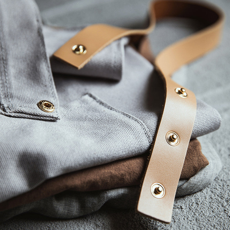 Gray Canvas Apron Leather Cotton Strap Blue Barista Baker Bartender Chef Culinary Uniform Cafe Pastry Restaurant Work wear