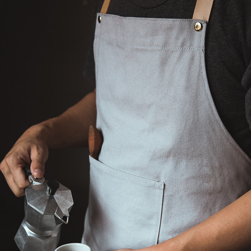 Gray Canvas Apron Leather Cotton Strap Blue Barista Baker Bartender Chef Culinary Uniform Cafe Pastry Restaurant Work wear