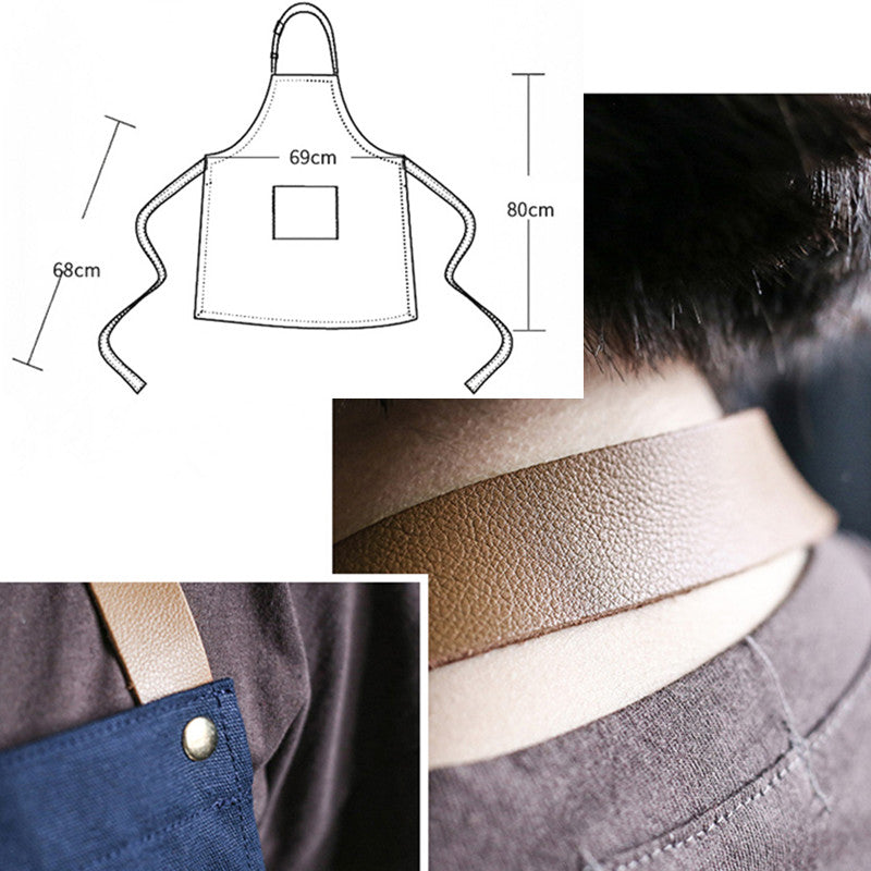 Gray Canvas Apron Leather Cotton Strap Blue Barista Baker Bartender Chef Culinary Uniform Cafe Pastry Restaurant Work wear