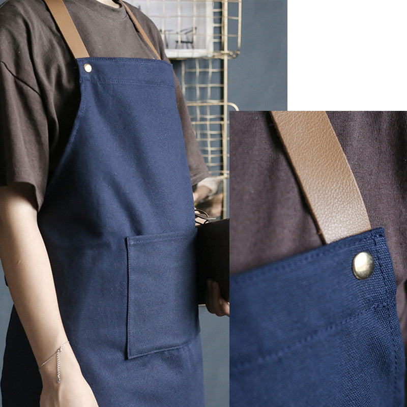 Gray Canvas Apron Leather Cotton Strap Blue Barista Baker Bartender Chef Culinary Uniform Cafe Pastry Restaurant Work wear