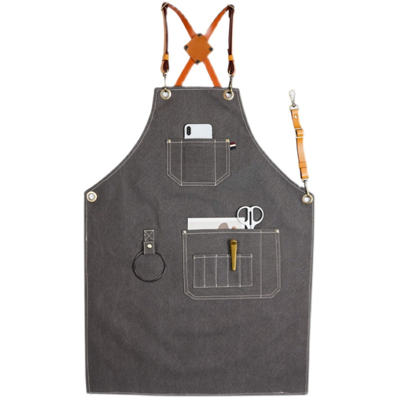Gray Canvas Apron Cross-back Leather Strap Florist Hairdresser Barber Workwear Barista Bartender Pastry Chef Uniform