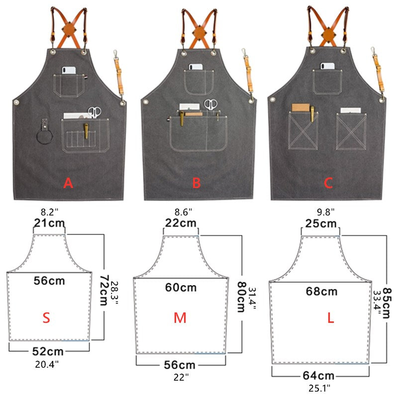 Gray Canvas Apron Cross-back Leather Strap Florist Hairdresser Barber Workwear Barista Bartender Pastry Chef Uniform