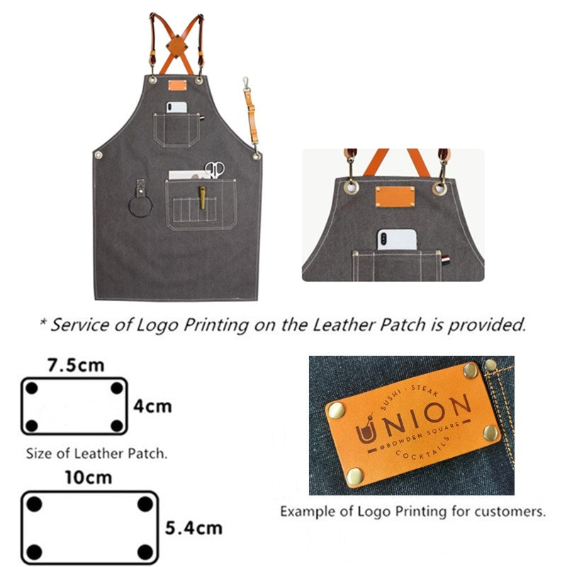 Gray Canvas Apron Cross-back Leather Strap Florist Hairdresser Barber Workwear Barista Bartender Pastry Chef Uniform