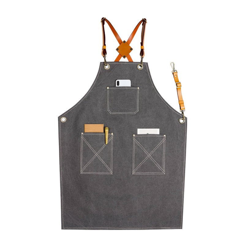 Gray Canvas Apron Cross-back Leather Strap Florist Hairdresser Barber Workwear Barista Bartender Pastry Chef Uniform
