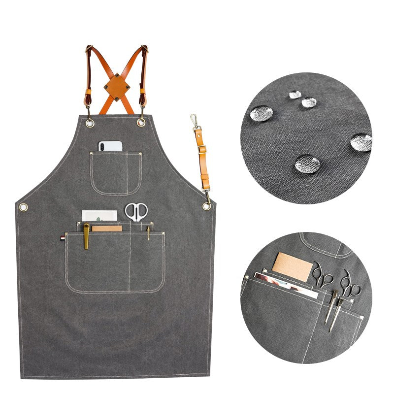 Gray Canvas Apron Cross-back Leather Strap Florist Hairdresser Barber Workwear Barista Bartender Pastry Chef Uniform