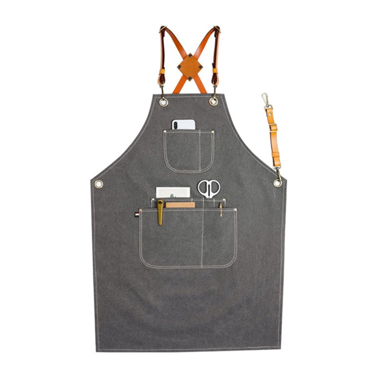 Gray Canvas Apron Cross-back Leather Strap Florist Hairdresser Barber Workwear Barista Bartender Pastry Chef Uniform