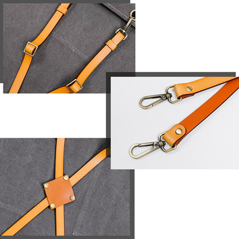 Gray Canvas Apron Cross-back Leather Strap Florist Hairdresser Barber Workwear Barista Bartender Pastry Chef Uniform