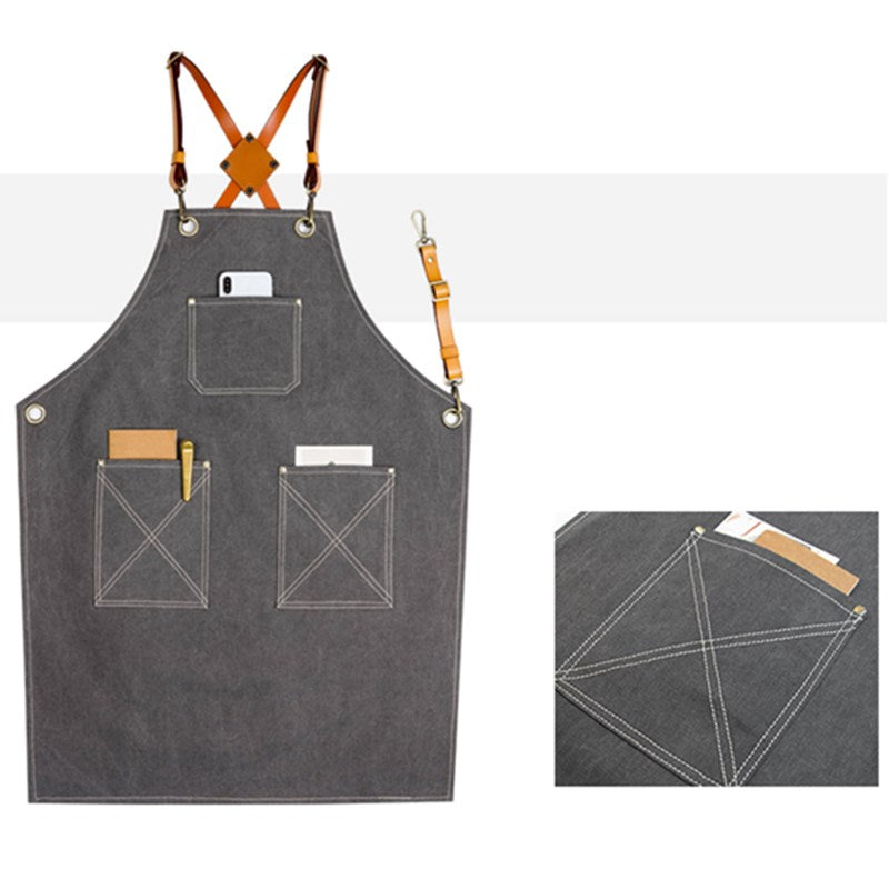 Gray Canvas Apron Cross-back Leather Strap Florist Hairdresser Barber Workwear Barista Bartender Pastry Chef Uniform
