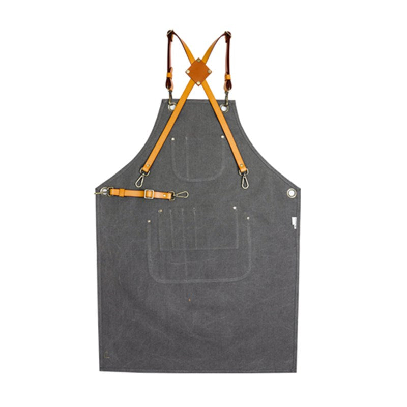 Gray Canvas Apron Cross-back Leather Strap Florist Hairdresser Barber Workwear Barista Bartender Pastry Chef Uniform