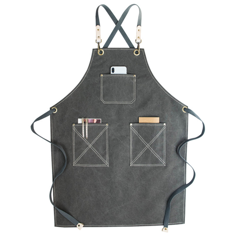 Cross-back Canvas Apron Gray Cafe Barista Bartender Pastry Restaurant Uniform Khaki Florist Barber Hairdresser Workwear