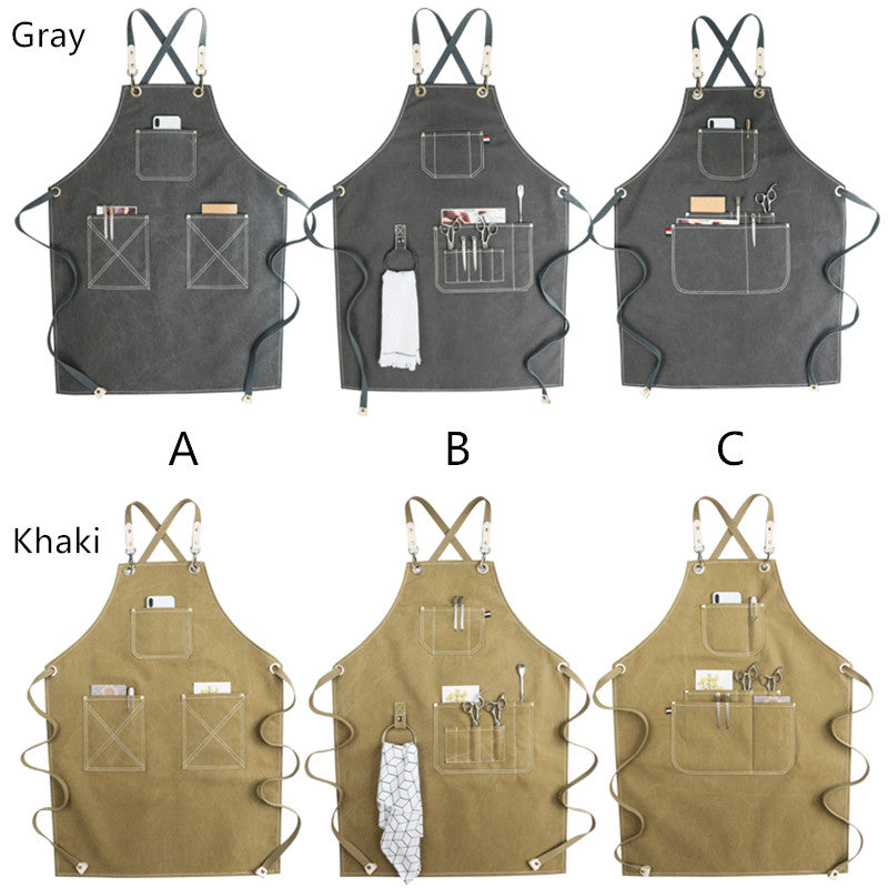 Cross-back Canvas Apron Gray Cafe Barista Bartender Pastry Restaurant Uniform Khaki Florist Barber Hairdresser Workwear