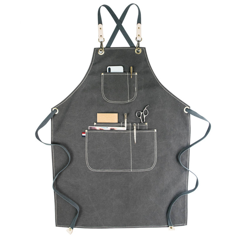 Cross-back Canvas Apron Gray Cafe Barista Bartender Pastry Restaurant Uniform Khaki Florist Barber Hairdresser Workwear