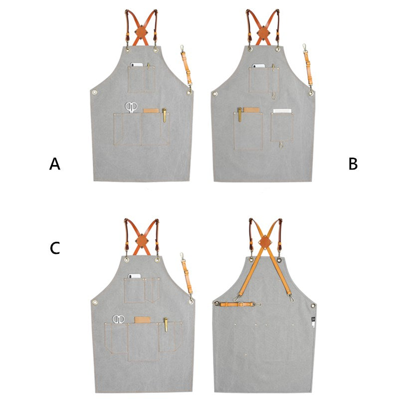 Cross-back Gray Canvas Apron Leather Straps Barista Bartender BBQ Chef Uniform Barber Florist Hairdresser Workwear