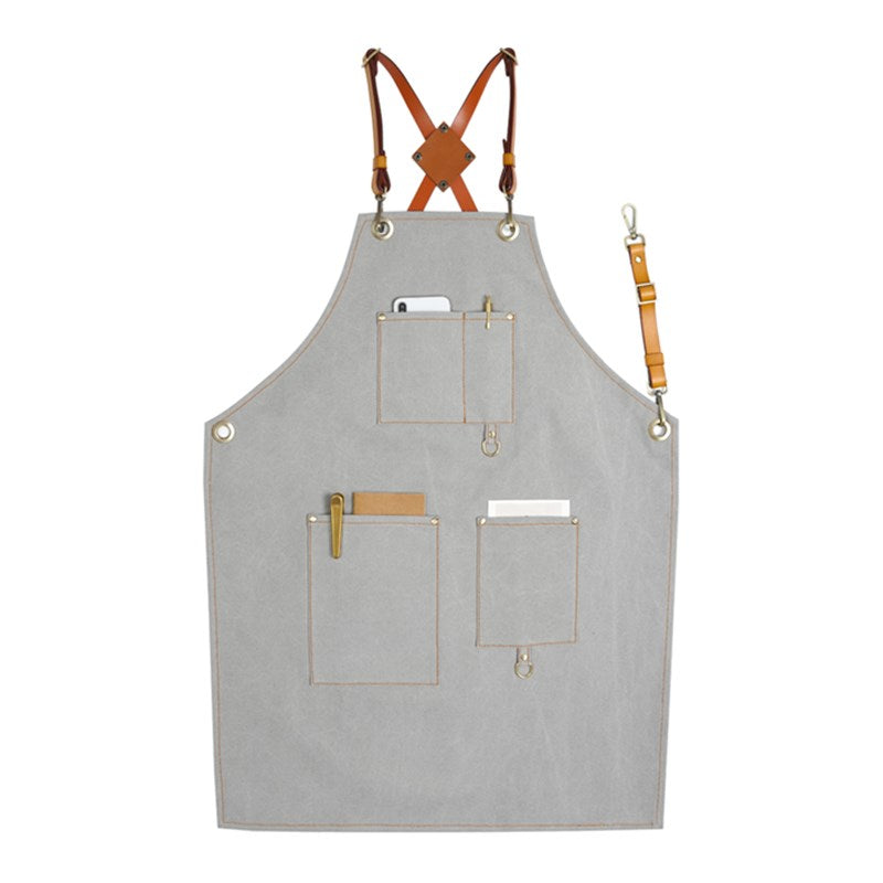 Cross-back Gray Canvas Apron Leather Straps Barista Bartender BBQ Chef Uniform Barber Florist Hairdresser Workwear