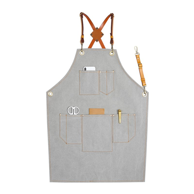 Cross-back Gray Canvas Apron Leather Straps Barista Bartender BBQ Chef Uniform Barber Florist Hairdresser Workwear