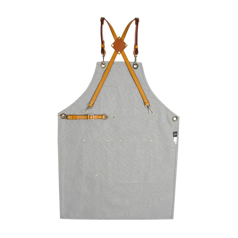 Cross-back Gray Canvas Apron Leather Straps Barista Bartender BBQ Chef Uniform Barber Florist Hairdresser Workwear