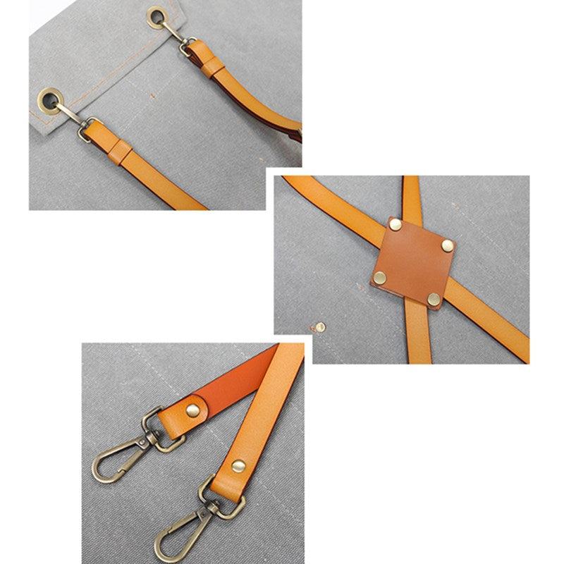 Cross-back Gray Canvas Apron Leather Straps Barista Bartender BBQ Chef Uniform Barber Florist Hairdresser Workwear