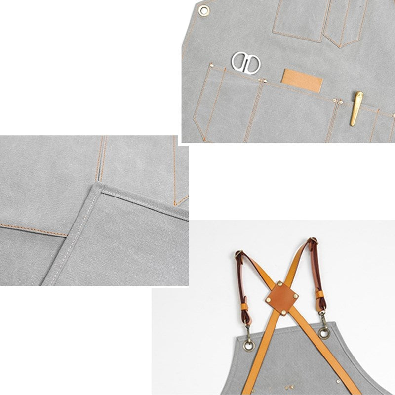 Cross-back Gray Canvas Apron Leather Straps Barista Bartender BBQ Chef Uniform Barber Florist Hairdresser Workwear