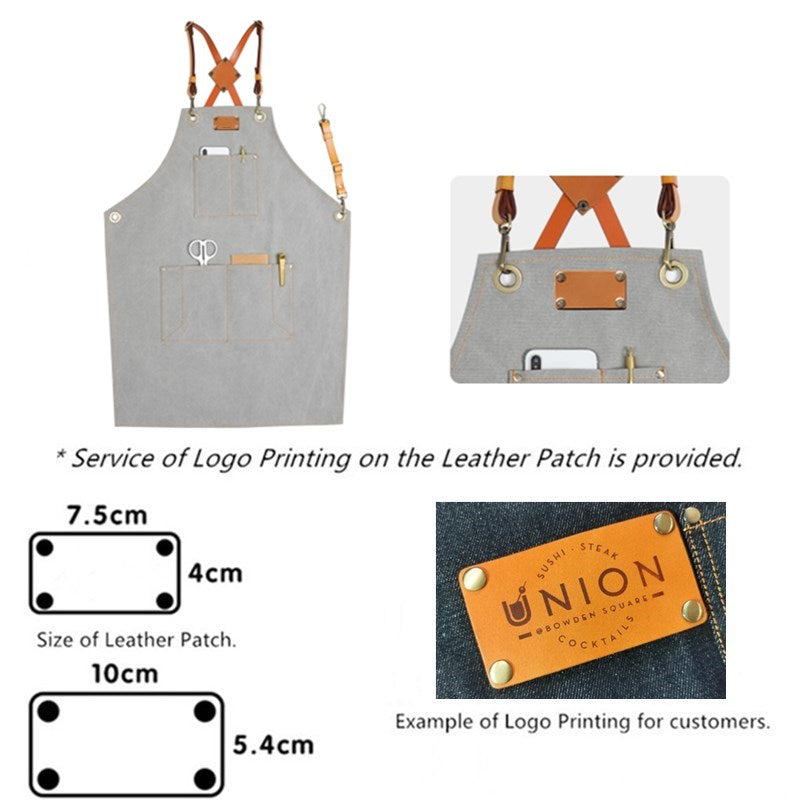 Cross-back Gray Canvas Apron Leather Straps Barista Bartender BBQ Chef Uniform Barber Florist Hairdresser Workwear