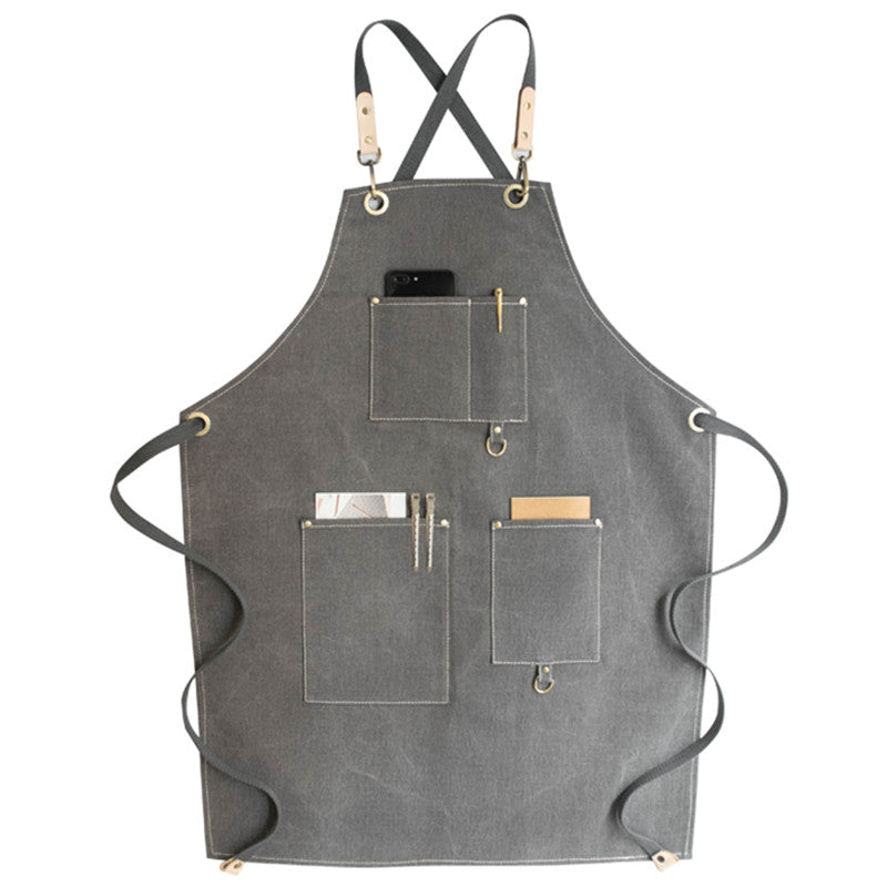 Cross-back Gray Canvas Apron Waitstaff Barista Bartender Pastry Chef Uniform Barber Hairdresser Florist Painter Work Wear