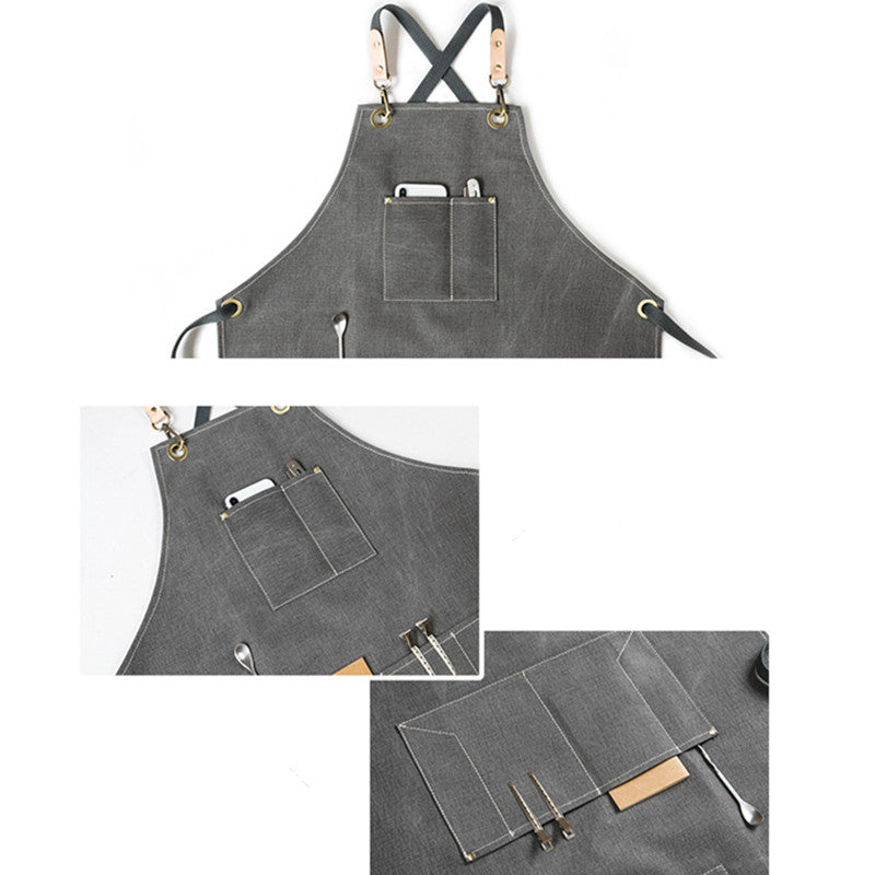 Cross-back Gray Canvas Apron Waitstaff Barista Bartender Pastry Chef Uniform Barber Hairdresser Florist Painter Work Wear