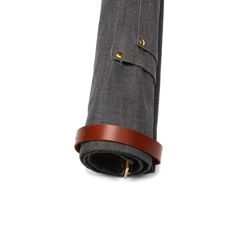 Gray Denim Waist Apron Cowhide Leather Straps Barista Bartender BBQ Pastry Chef Catering Uniform Florist Artist Workwear