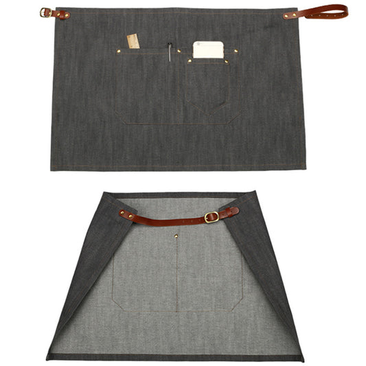 Gray Denim Waist Apron Cowhide Leather Straps Barista Bartender BBQ Pastry Chef Catering Uniform Florist Artist Workwear